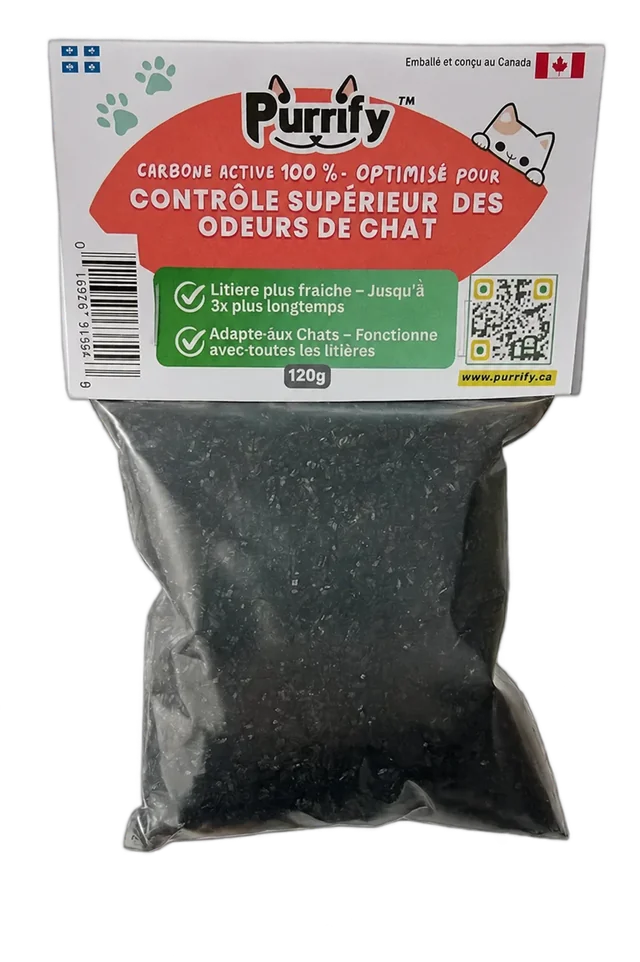 Purrify activated carbon litter deodorizer, 120g bag with French label